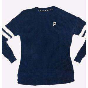 Victoria's Secret Pink Boyfriend Pullover Chunky Navy Blue Sweater Stripes Small